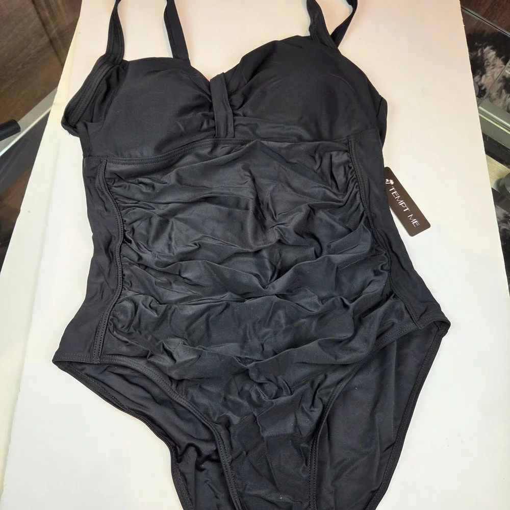 Tempt Me One Piece Womens XL Black Ruched Tummy‎ Control Sweetheart 008 NWT